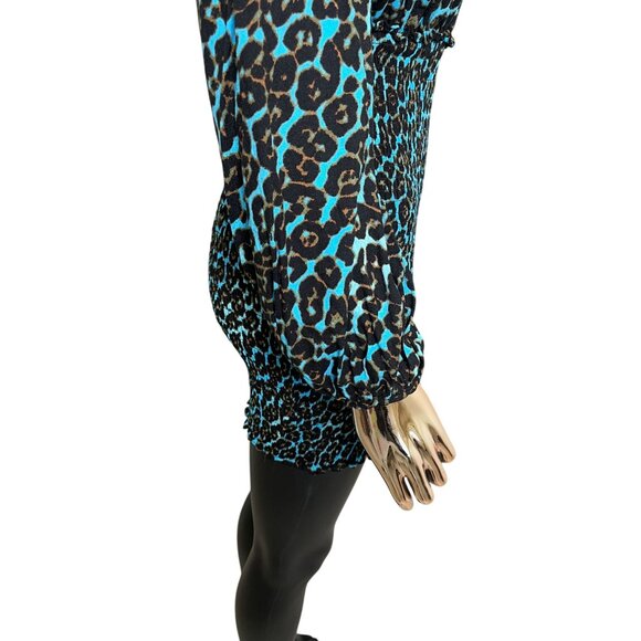 AFRM Blue Leopard Print Mini Dress Smocked Waist Long Sleeve Size SP Revolve - Picture 9 of 12